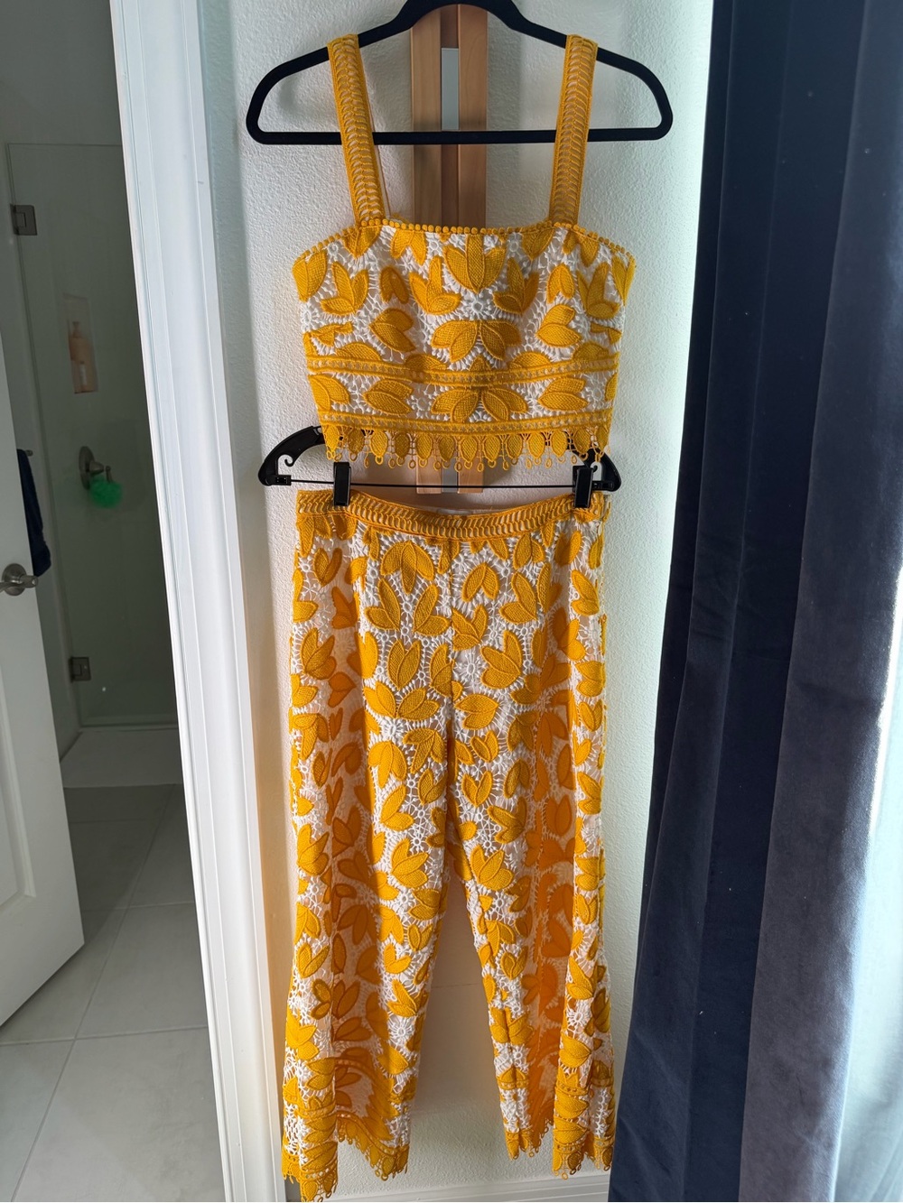 SAYLOR Yellow and White Embroidered Crochet top and matching pants
